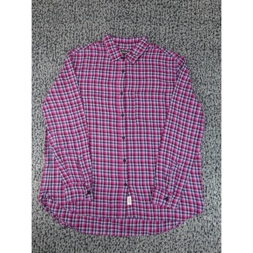 Roots Plaid Button Down Shirt Womens Large Pink Purple Long Sleeve Cotton N66B